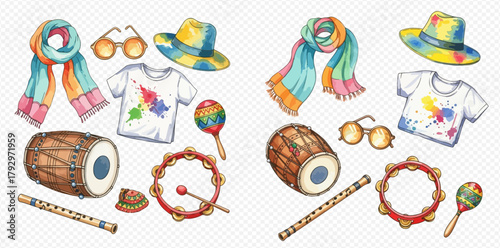 Vibrant collection of Holi festival items including scarves, hats, t-shirts, sunglasses, drums, flutes, tambourines, and maracas.