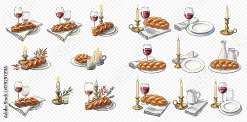 Watercolor illustrations of traditional challah bread, red wine, and lit candles for a festive or religious meal setting.