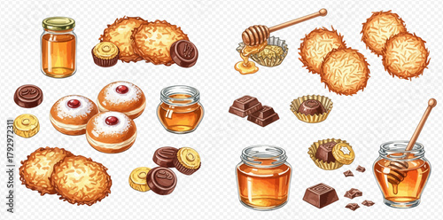 A delightful assortment of sweet pastries, golden honey jars, and delicious chocolates, perfect for a festive celebration.