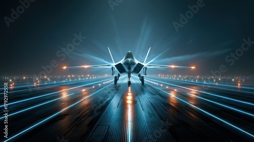 Jet fighter on runway at night