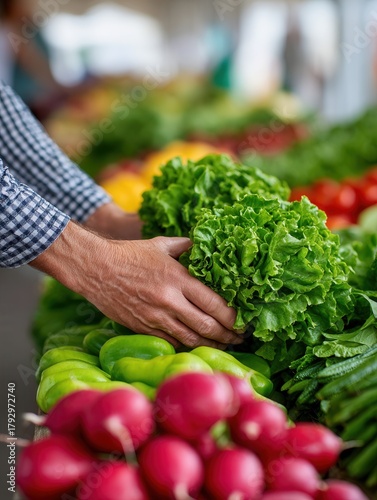 A close-up of hands selecting fresh lettuce among colorful vegetables at a market stall, showcasing vibrant produce and healthy choices.