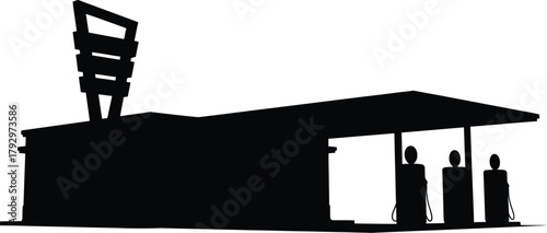 Silhouette of a vintage gas station with three figures