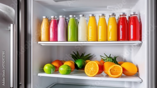 A variety of colorful juice bottles and fresh fruits arranged in a refrigerator. The scene is vibrant and refreshing, ideal for healthy lifestyle themes.