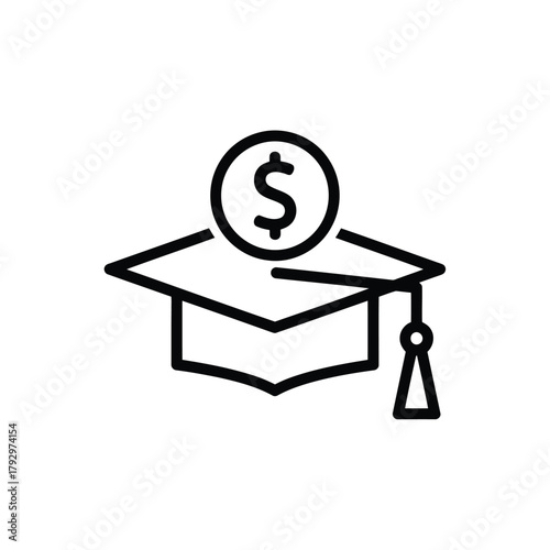Simple vector icon of a graduation cap with a dollar coin on top, symbolizing student loans, tuition fees, and the high cost of higher education