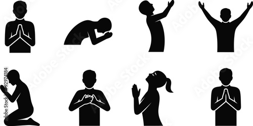 Silhouettes of people praying in different positions
