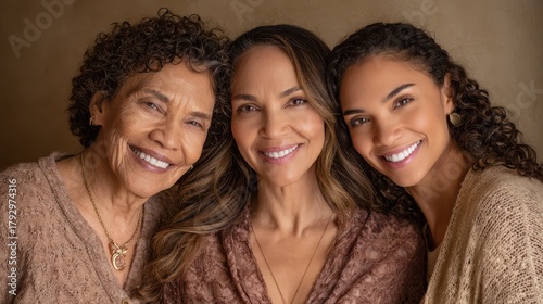 Close-Up Trio Portrait of Three Generations: Elder, Middle, and Young Daughter