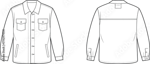 Button-up shirt technical sketch, front and back view, classic collar, flap chest pockets, seam detailing, fashion flat, garment construction, vector illustration