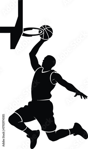 Silhouette of a basketball player performing a powerful dunk
