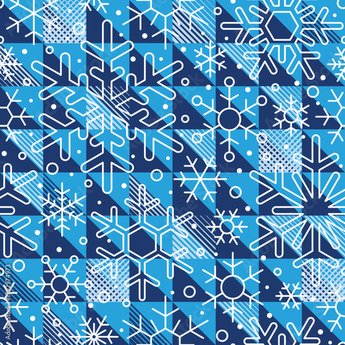 Seamless pattern, snowflakes and geometric ornament, winter sports texture, winter vector background