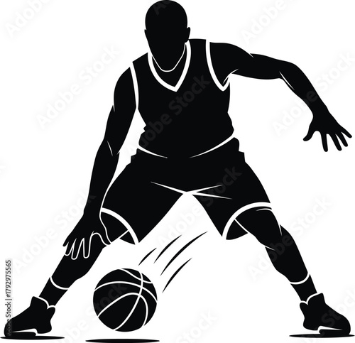 Silhouette of a basketball player dribbling the ball with intensity