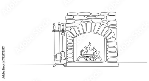 Fireplace tools on stone wall symbolizing winter warmth and rustic living