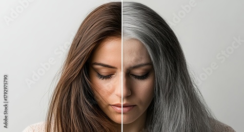 A young woman showcasing her hair in both brown and gray tones, symbolizing aging.