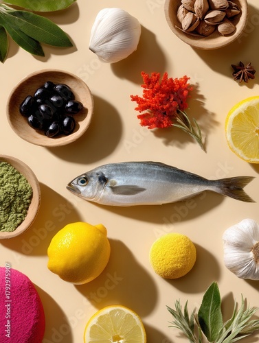 A fresh fish placed on a beige surface surrounded by various spices, herbs, and fruits, creating a vibrant culinary setting.