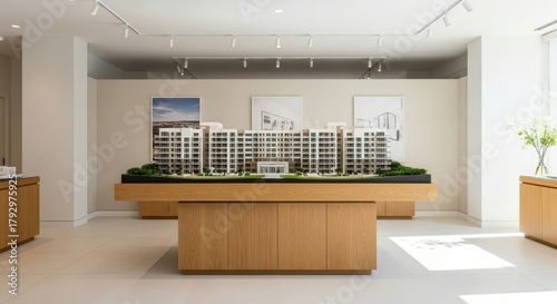 Stunning architectural model of a modern residential building showcased in a bright, elegant showroom, perfect for real estate presentations.
