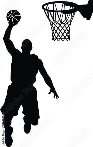 Silhouette of a basketball player dunking a ball into a hoop