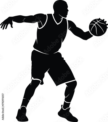 Silhouette of a basketball player dribbling the ball