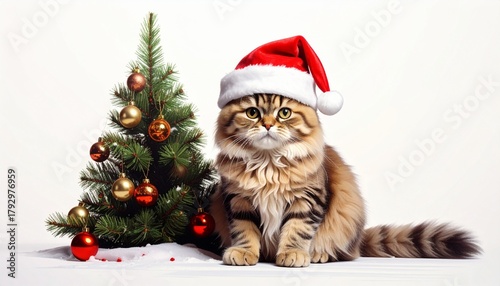Whimsical fluffy cat in a cheerful red Santa hat, delightfully sitting beside a small, festive Christmas tree adorned with shimmering ornaments, embodying the joyful holiday spirit