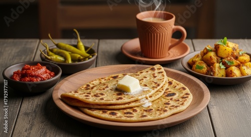 Fototapeta Naklejka Na Ścianę i Meble -  Delicious Aloo Paratha With Tea and Side Dishes - Aloo paratha, a staple Indian dish, is served with tea, pickle, and spiced potatoes. Symbolizing culture, flavor, tradition, comfort, and warmth