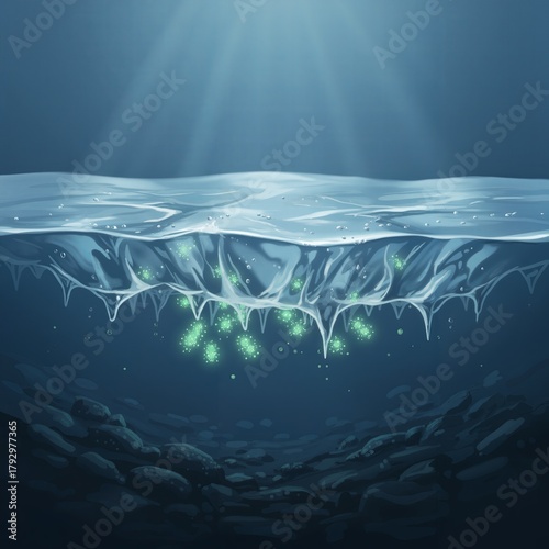 Scientific illustration of a Brinicle (brine icicle) forming under sea ice, showing supercooled, dense saltwater flow and its effect on deep-sea marine life.