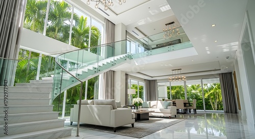 Modern luxury home interior with grand staircase and large windows