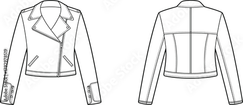 Cropped biker jacket technical sketch, front and back view, asymmetrical zipper, notched lapels, zip pockets, zippered cuffs, fashion illustration, garment construction drawing
