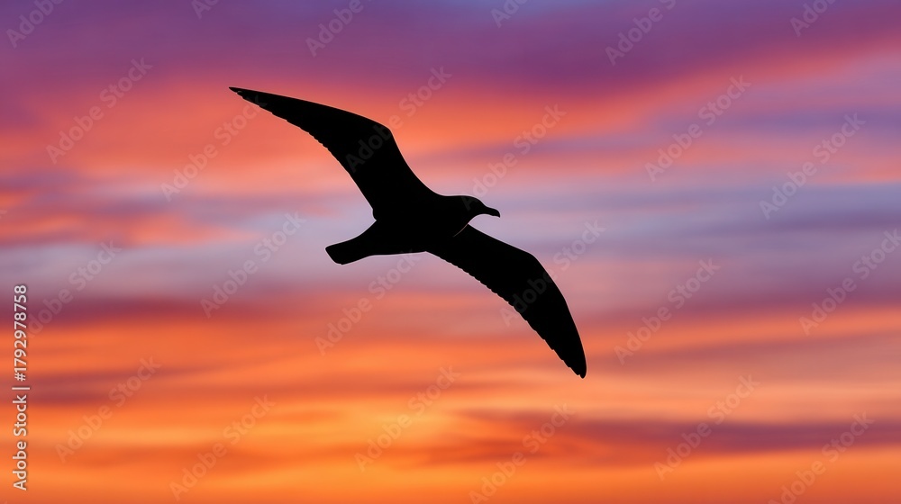 Fototapeta premium A bird in silhouette soaring through a vibrant sunset sky, showcasing beautiful colors and tranquility. Ideal for nature and wildlife themes.