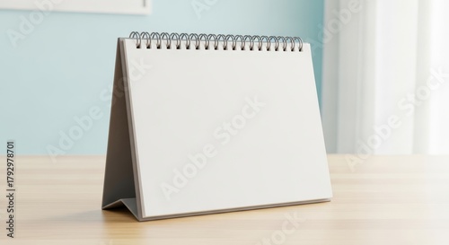 Desk Calendar Mock Up on Table - Blank spiral desk calendar on wooden table, symbolizing planning, organization, time management, appointments, and important dates