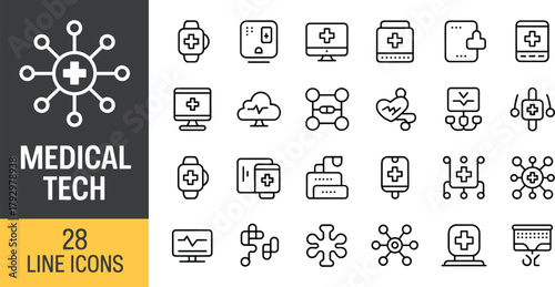 Medical technology line icon set, editable stroke, healthcare devices, wearable monitoring, telemedicine, cloud health data, diagnostics interface, smart hospital network, patient care