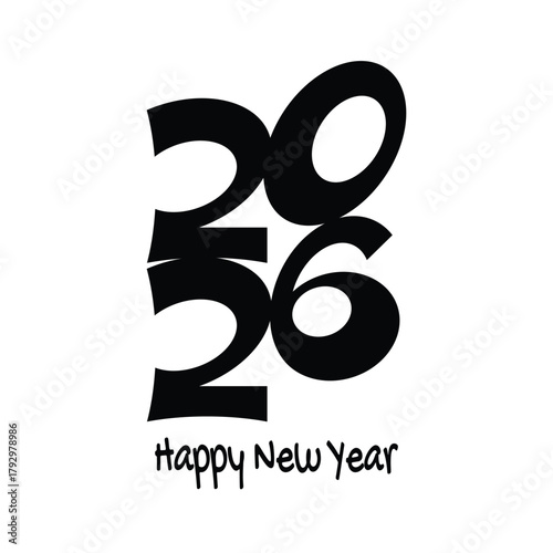 Minimalist and creative black and white vector graphic featuring the number 2026 in a graffiti style. Modern typeface with text Happy New Year.
