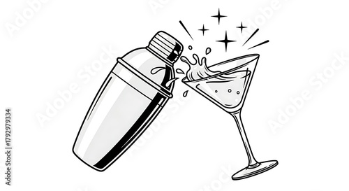 Hand drawn cocktail shaker pouring drink into martini glass