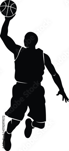 Silhouette of a basketball player in mid air making a dunk