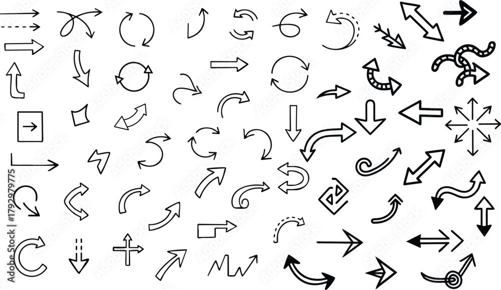Φωτογραφία Cute Hand Drawn Doodle Arrows — Vector Line Marker Icons, Heart and Star Sketch