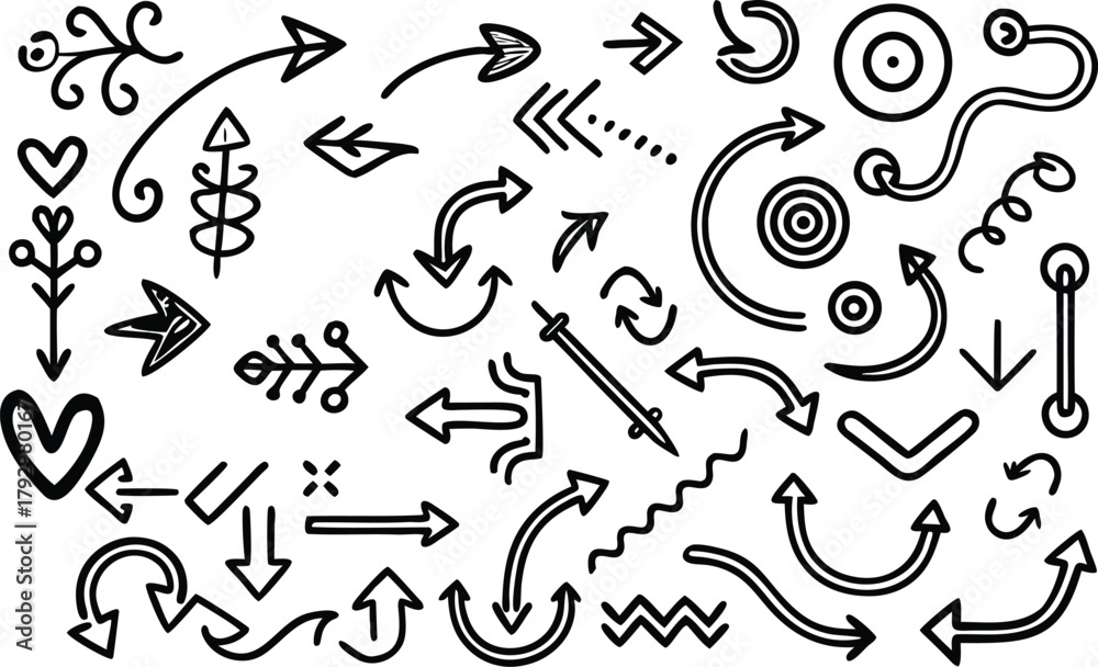 Obraz premium Doodle Arrow Set — Hand Drawn Marker Lines, Hearts, Stars, and Direction Symbols for Notes and Overlay Design hand drawn arrow, doodle arrows, vector arrows, sketch arrow, arrow set, arrow collection,