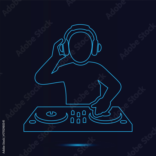 Dynamic Neon Blue Outline Vector Illustration of a Professional Disc Jockey Mixing Music on Turntables Wearing Headphones Against a Dark Background Creating a Modern Digital Style Graphic De