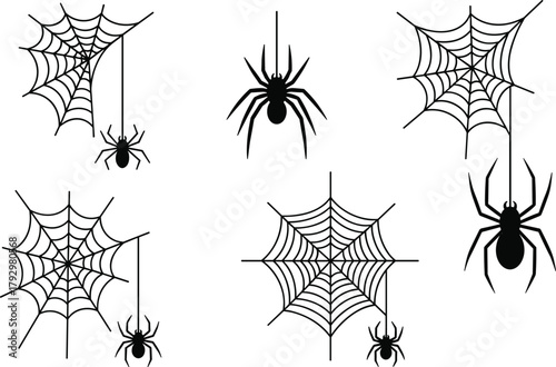 Collection of spider web and hanging spider silhouettes, spooky Halloween decoration design, black spiderweb vector illustration for creepy horror theme and artwork