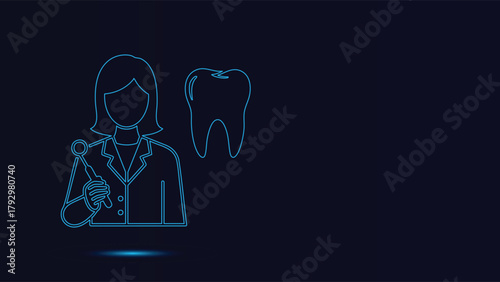Futuristic Neon Outline Vector Illustration Of A Female Dental Professional Holding A Diagnostic Tool And A Large Molar Icon Representing Modern Oral Health Care Technology