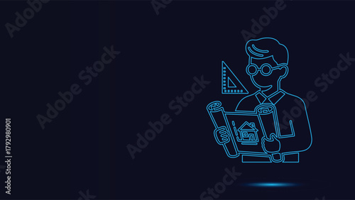 Professional Architect Engineer Holding Blueprint Plan Reading House Design Project Documents with Triangle Ruler Neon Blue Outline Vector Graphics on Dark Background