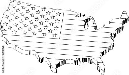 3D Outlined USA map filled with stars and stripes. Vector American patriotic map concept for national design projects.