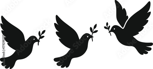 Flying Doves with Olive Branch Minimalist Peace Symbol Vector Illustration