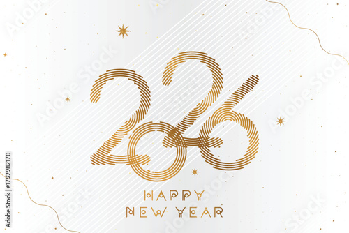 Elegant Happy New Year 2026 greeting card with shiny golden numbers on white background. Luxury festive design with stars and light effects for Christmas and winter holiday.