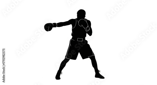 Silhouette of a boxer in action throwing a punch with gloves on a white background in a fighting stance