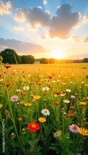 Golden hour sunlight bathes a vibrant summer field, wildflowers swaying gently in the breeze Perfect for idyllic, nature, and seasonal themes , season, field, day