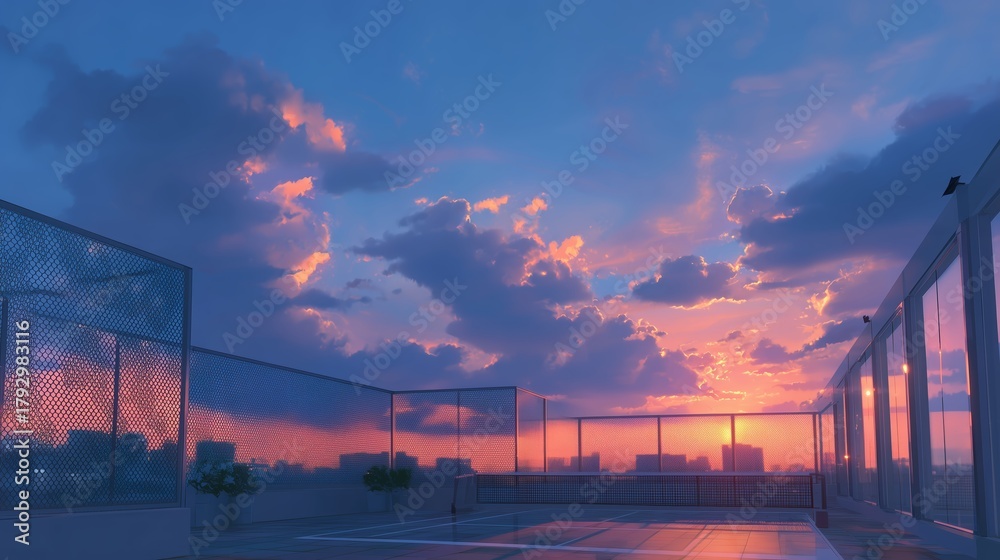 Obraz premium Colorful sunset view from a rooftop terrace overlooking a city skyline