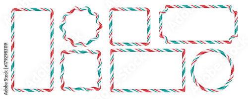 Holiday vector scallop frames with candy cane stripes. Round, square, and decorative frames for Christmas cards, packaging, digital scrapbooking, printed tags, and seasonal graphic design