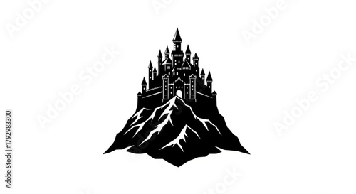 Black silhouette of a castle with towers and spires perched atop a jagged mountain peak design icon