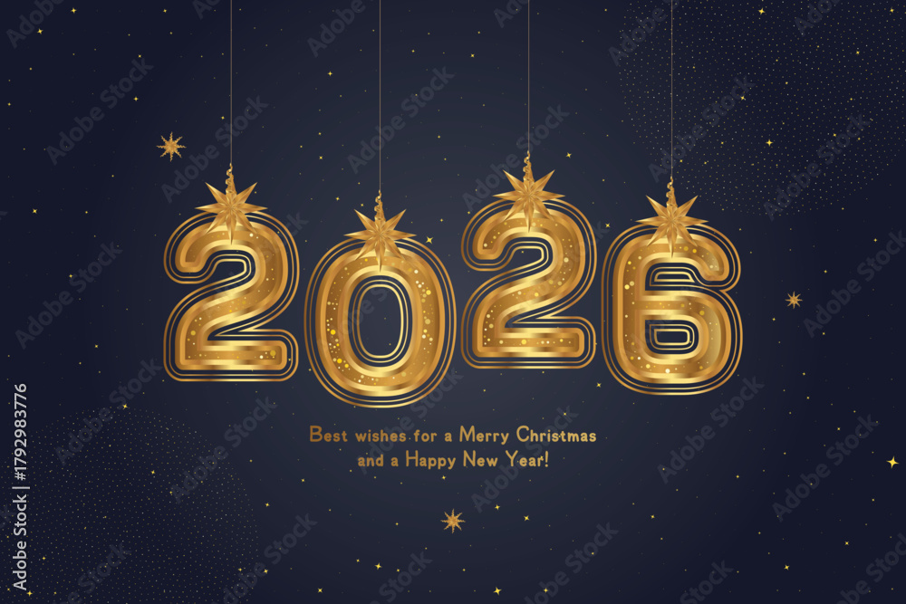 Fototapeta premium Happy New Year 2026 greeting card with golden numbers and decorative ribbon star on dark blue background. Luxury festive design for holiday celebration and banner. Flat vector illustration EPS10.