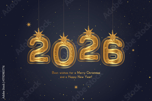 Happy New Year 2026 greeting card with golden numbers and decorative ribbon star on dark blue background. Luxury festive design for holiday celebration and banner. Flat vector illustration EPS10.