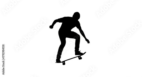 Silhouette of a skateboarder performing a trick on a skateboard in a dynamic pose on a white background
