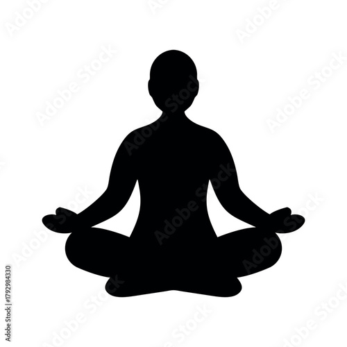 Deep black silhouette of meditating person in lotus pose, minimal vector