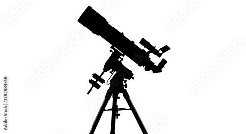 Silhouette of a telescope on a tripod used for astronomy and stargazing against a white background view